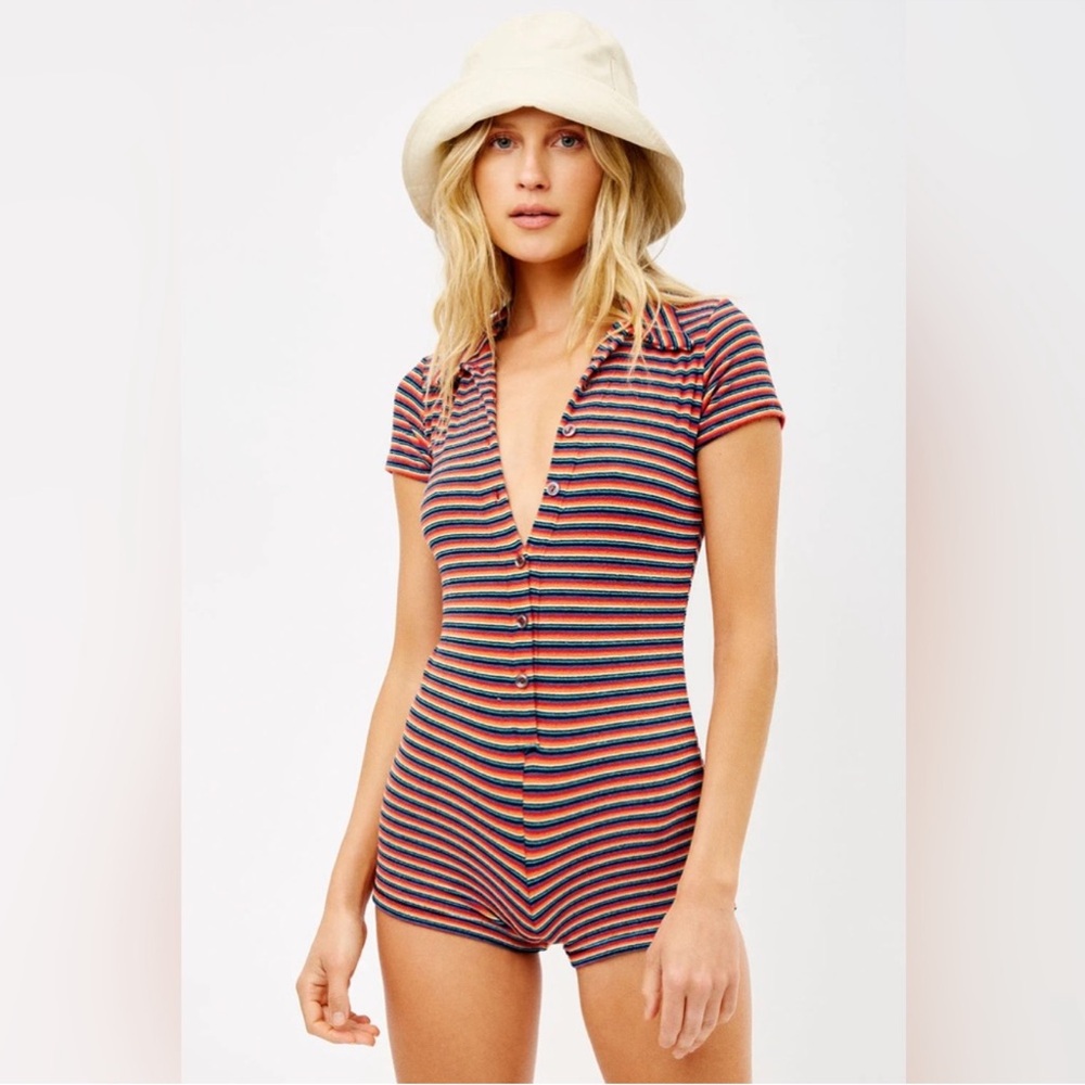 Frankie's Bikinis Navy, Red & Cream Striped Ribbed Romper